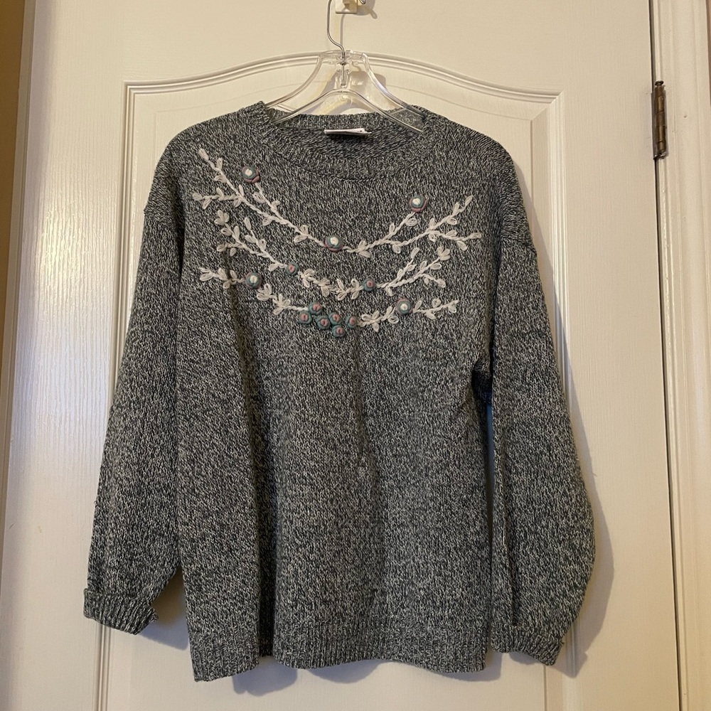 Vintage Personal Gray White Marbled Floral Embroidered Sweater Size L Cottage